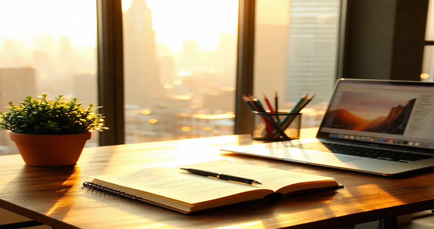 NYC content studio office scene with warm editorial lighting, notebook and laptop on a wooden desk