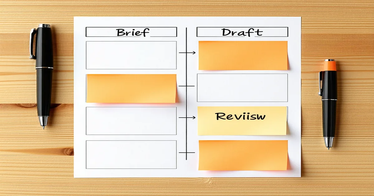 Content workflow documentation spread showing stages from brief to published asset