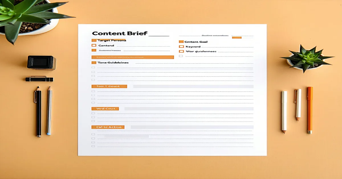Content brief template document with labeled sections for persona, goal, keywords, and tone