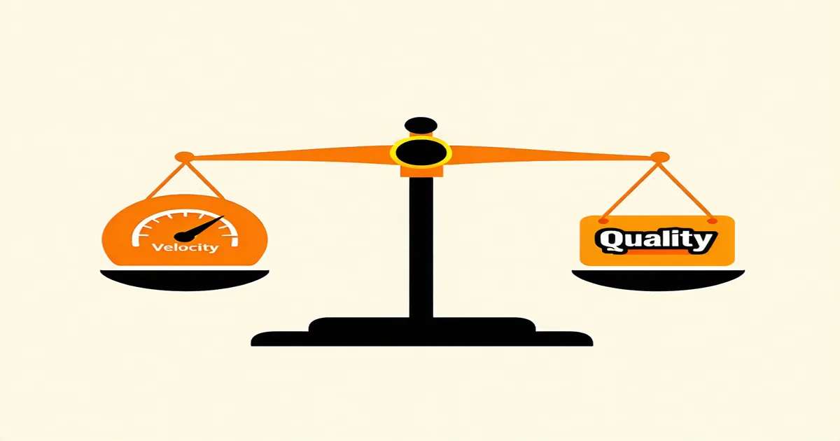 Speed gauge and quality checkmark balanced on a scale, editorial illustration