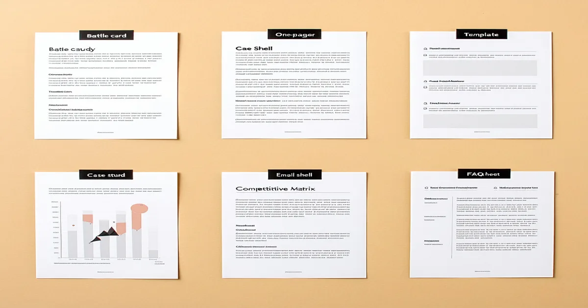 Six sales enablement document types laid out as cards on a warm desk surface