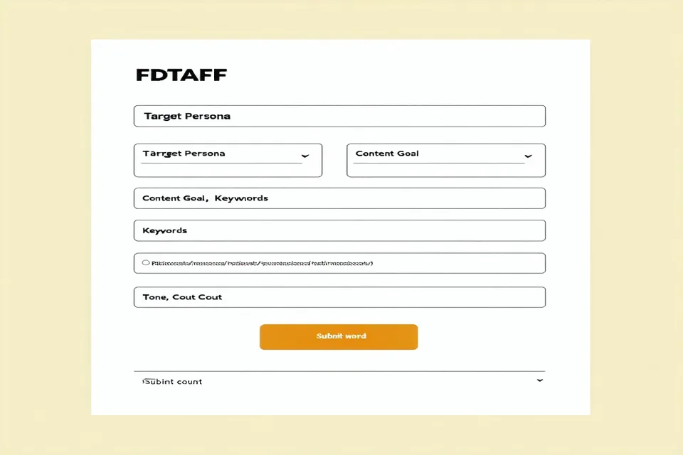 Content brief intake form interface showing fields for persona, goal, keywords, and tone guide